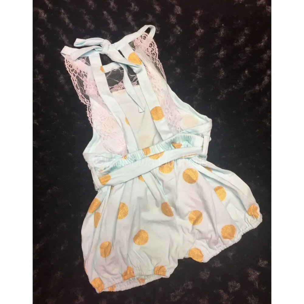 Aqua & Gold Lace Belted Bubble Romper w/Matching headband  60313 3T NWT Boutique